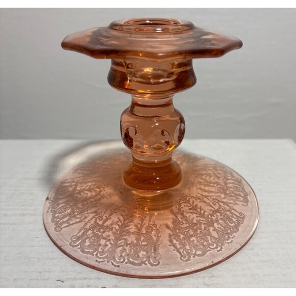 Vtg Pink Depression Glass Candle Holder 4" Tall Etched Design Detail Dual Ended - Picture 3 of 11